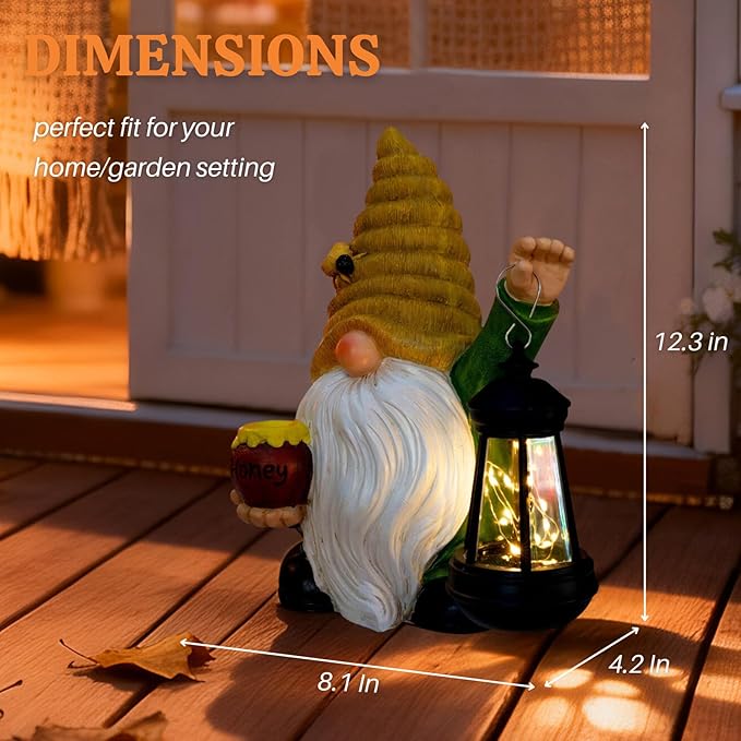 12.3''Solar Garden Gnomes Outdoor Decor Honey Bee jar Gnome Statues with LED Lantern Xmas Patio Lawn Yard Art Decoration Birthday Christmas Gardening Gifts for Mom Dad, Bee Gnome