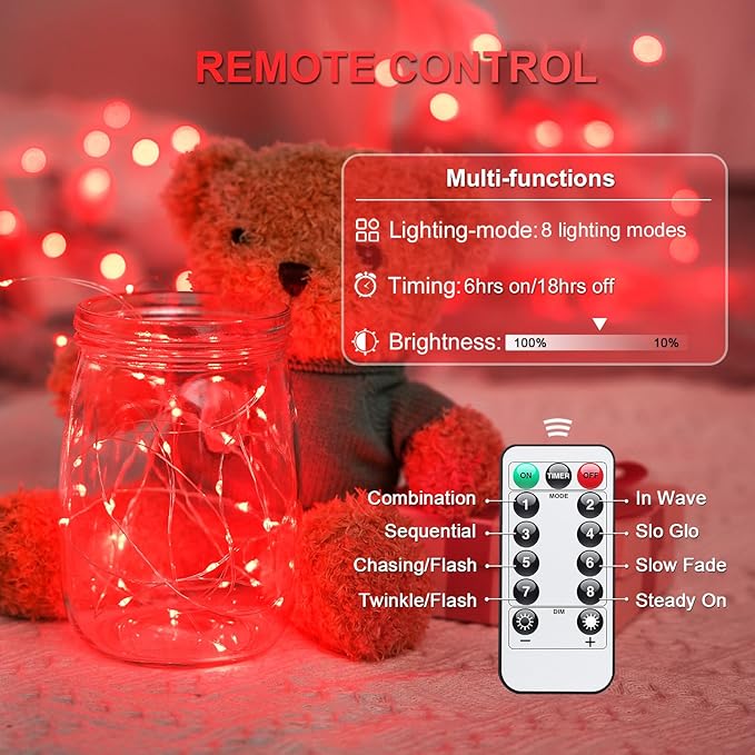JMEXSUSS 2 Pack Red Fairy Lights Battery Operated, Total 200 LED 66ft Red String Lights Battery Powered with Remote, 8 Modes Christmas Lights for Tree Indoor Outdoor Wreath Bedroom Halloween Decor