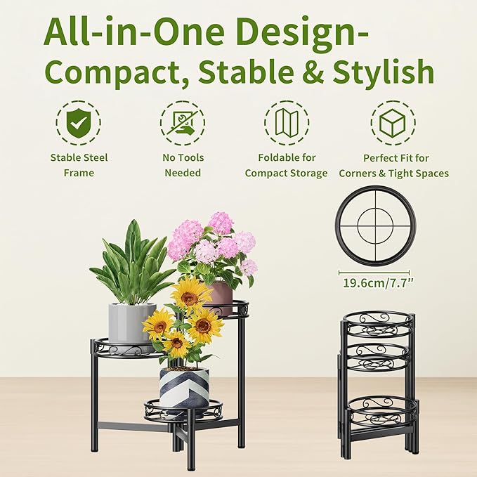 NQW 3-Tier Plant Stand Outdoor,Metal Plant Stand for Multiple Plants, Folding Tall Plant Rack Display Shelf for Corner Living Room Porch Patio Garden Office - BalckCircle