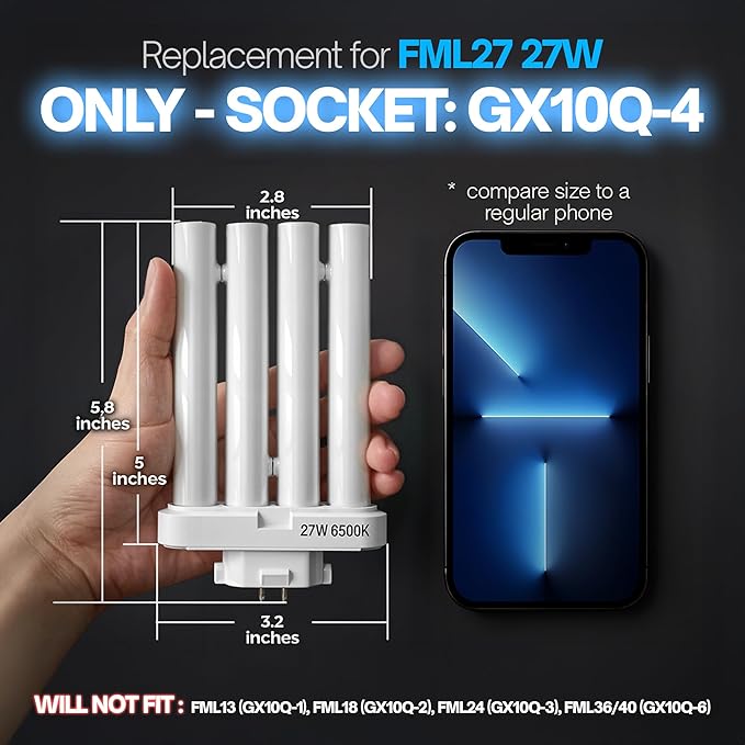 24 Nha&FACA FML27 Fluorescent Light Bulbs FML Lamp 27 Watt Replacement Grow Light Bulbs, Energy Efficient FML Lamp for Desk, Office, Reading, and Study Lamps – GX10Q-4 Base, Daylight 6500K (Pack 2)