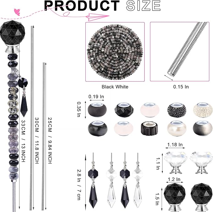 121 Pcs DIY Fairy Wand Beaded Garden Stakes Kit, Fairy Wands Garden Kit Black White Large Hole Bead with Pendants Crystal Stopper Top Threaded Rod Beaded Garden Stakes Supplies for Outdoor Decorative