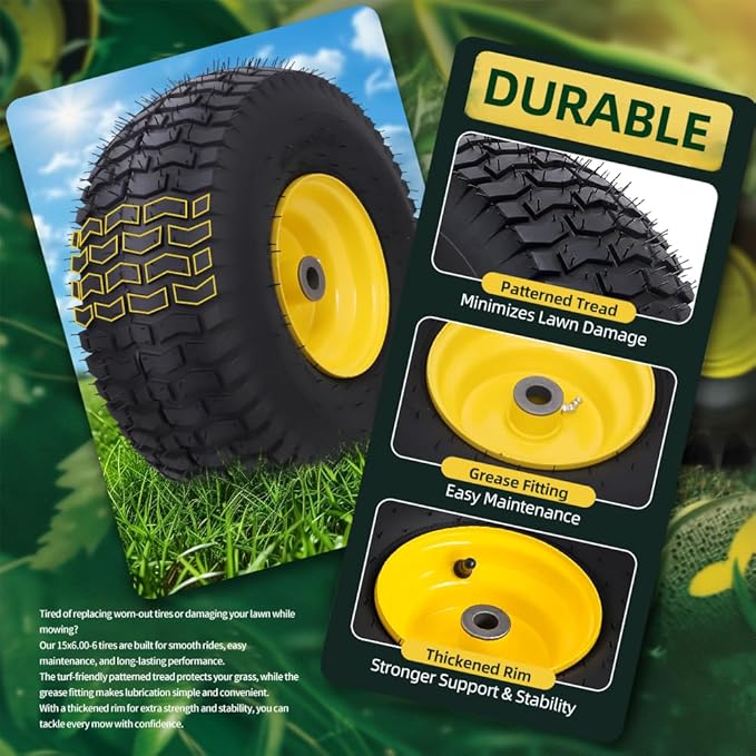 15x6.00-6nhs Lawn Mower Tires Tubeless (2 Pack),Replacement Riding Lawn Mower Front Tires,Compatible withRiding Mowers and Lawn Tractor, 3" Centered Hub and 3/4" Bushings（Yellow)