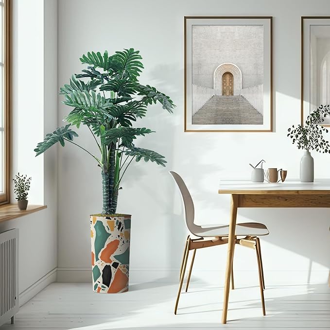 Artificial Tree in Modern Geometric Pattern Planter, Fake Philodendron Tree Silk Tree for Indoor and Outdoor Home Decoration - 70" Overall Tall (Plant Pot Plus Tree)