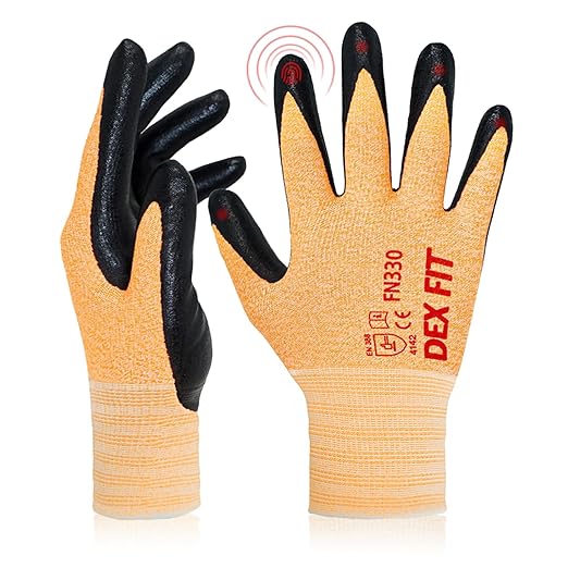 DEX FIT Nitrile Work Gloves FN330, 12 Pairs, 3D-Comfort Stretchy Fit, Firm Grip, Thin & Lightweight, Touch-Screen Compatible, Durable, Breathable & Cool, Machine Washable; Orange S (7)