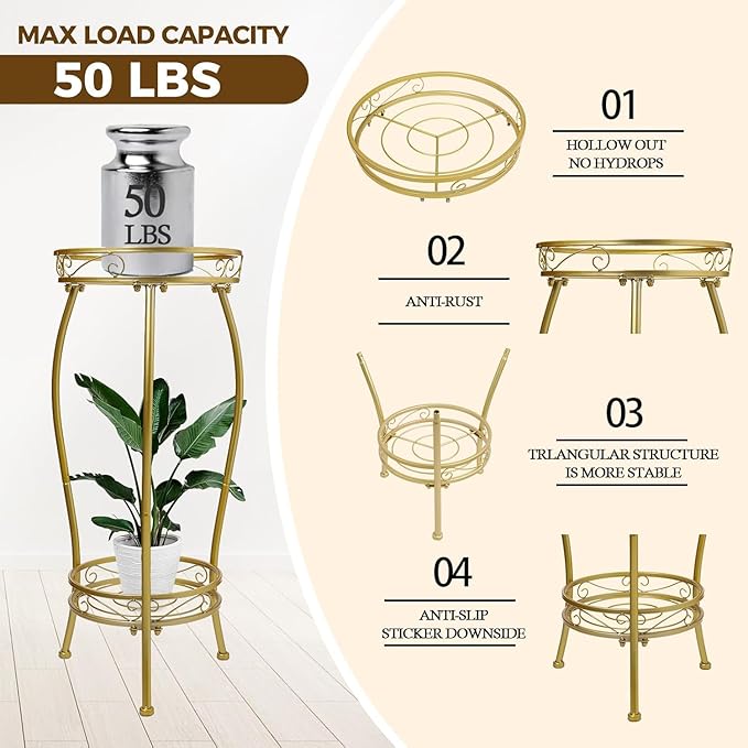 Kavlium Plant Stand Indoor Outdoor，Tall Gold Metal Rustproof Stable Plant Stands，2 Tier 27.1 inch Multiple Plant Rack Holder Rack Flower Pot Stand Heavy Duty Plant Shelf (Gold)