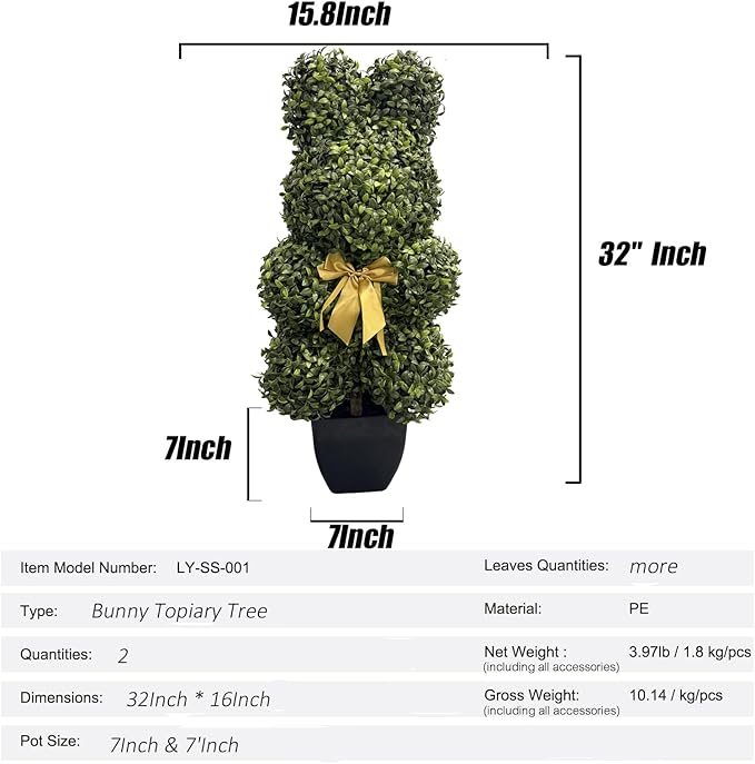 Bunny-Shaped Topiary Ball 32'' Artificial Tree Rabbit Bowknot Pot UV-Resistant Faux Boxwood Topiaries Plant for Porch Decor Outdoor/Indoor 2 Pack