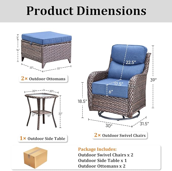 Luxury Outdoor Swivel Rocker Patio Chairs Set of 5, High Back Swivel Patio Chairs with Side Table & 6-Inch Cushions, Ottoman, Wicker Outdoor Bistro Set for Porch, Yard, Deck, Poolside, Brown/Blue