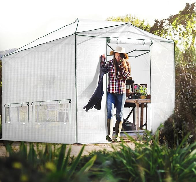 EAGLE PEAK Instant Pop-up Greenhouse, Indoor Outdoor Plant Gardening Green House, Roll-Up Zipper Doors & Side Windows - Winter Support Pole, Walk in 12x8 ft, White/Clear