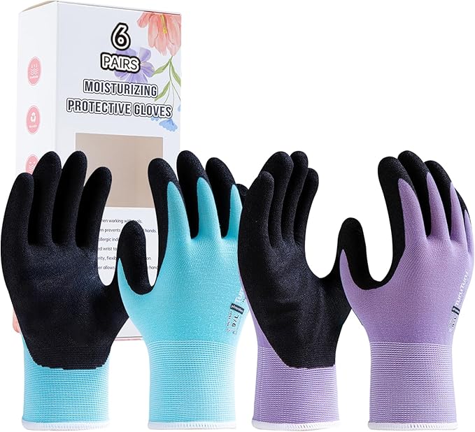 HandLove 6 Pairs Gardening Gloves for Women-Moisturizing Durable Work Gloves.Latex-free Sandy Nitrile Coated for Yard Garden,Touchscreen Friendly Protective Work with Grip, Small,Blue&Purple
