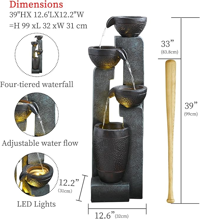 40" Inch Water Fountain Outdoor&Indoor 4-Tiers Large Outdoor Patio Decor Gray Garden Water Fountain for Outside Waterfall with LED Light&Pump Resin Modern Floor-Standing Water Feature Outdoor