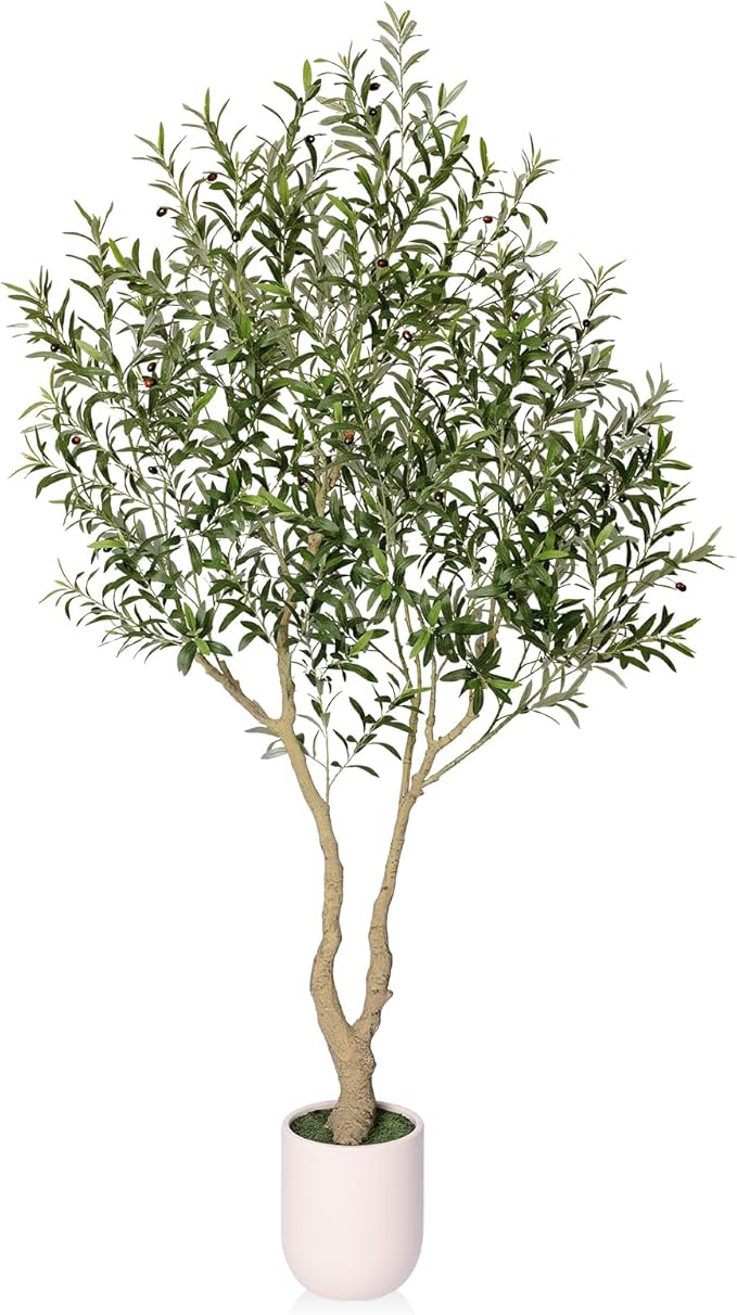 VeriNatural Artificial Olive Tree 8FT Tall, Faux Plants Indoor - Fake Plant with Lifelike Leaves,White Planter - Large Fake Olive Trees for Home Living Room Office Bedroom Floor Decor