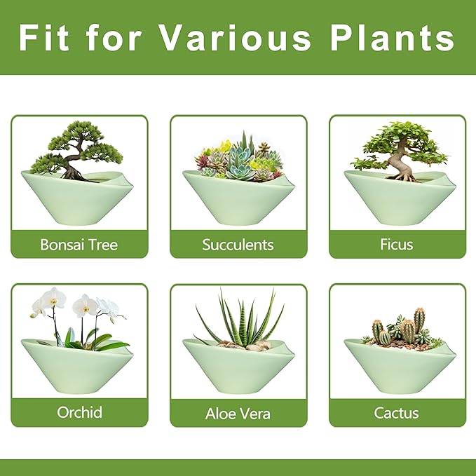 Teagas Ceramic Bonsai Pots - Large Succulent Planter 13 Inch Plant Pot Indoor Succulent Pot with Drainage Hole Outdoor Planter Bonsai Tree Pot for House Home Garden Office Decor Green