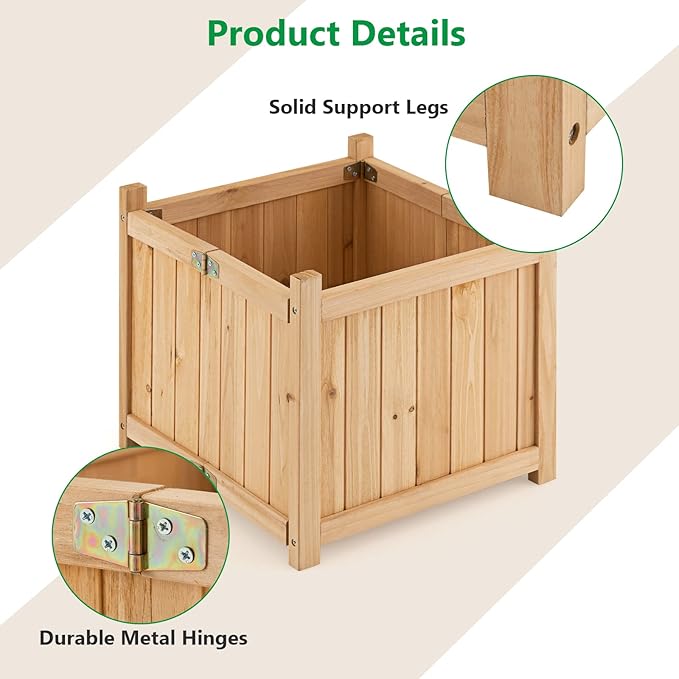 Giantex 15” Planter Raised Garden Bed - Wooden Planting Box, Outdoor Folding Square Planter w/Removable Bottom, Premium Drainage System for Herbs, Fruits, Flowers, Succulents, Simple Assembly