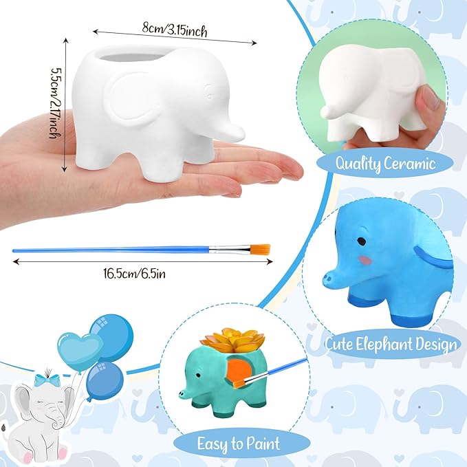 Pasimy 6 Set Ceramics to Paint DIY Ceramic Succulent Planter Pots Paint Your Own Flower Pots Craft Kit Unpainted Bisque Flowerpot with Brush Palette for Family Activity Holiday Gifts(Elephant)