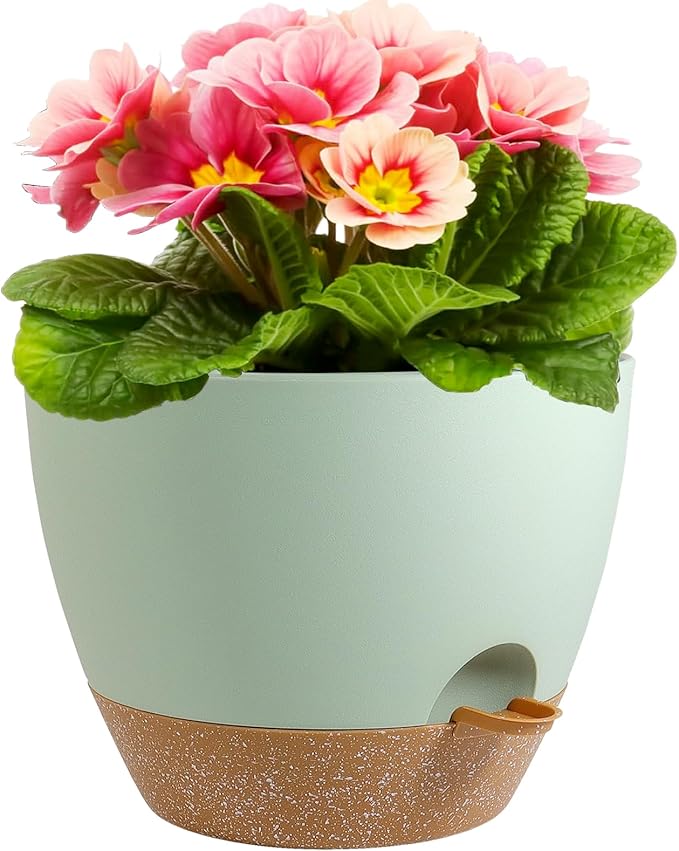 Meowell 12 inch Large Self Watering Pots, Plant Pots with Mesh Drainage Holes for Indoor Outdoor Plants, Plastic Planters with Deep Reservoir for Garden House Flower Plants, Green with Brown