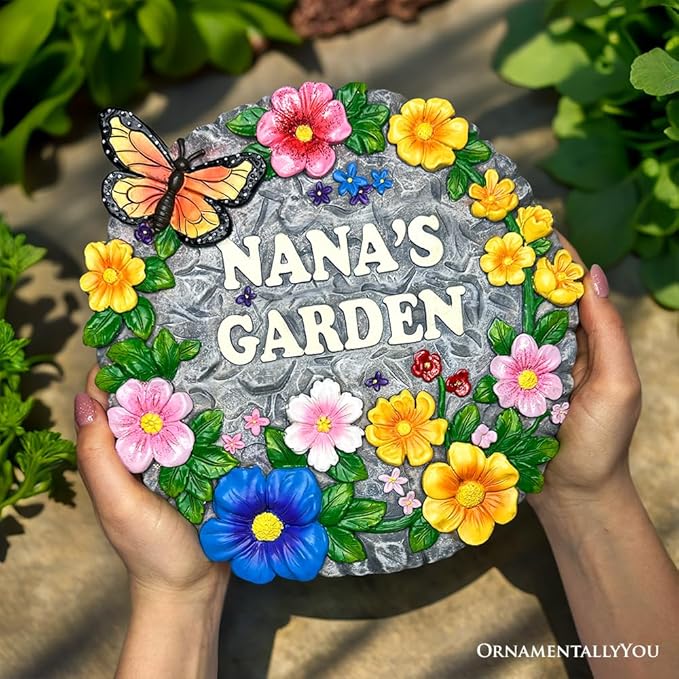 OrnamentallyYou Elegant Resin Stepping Stone, Outdoor Garden Pathway Decoration (Nana’s Garden Floral Stepping Stone, 9.5" Decorative and Gift for Grandmother)