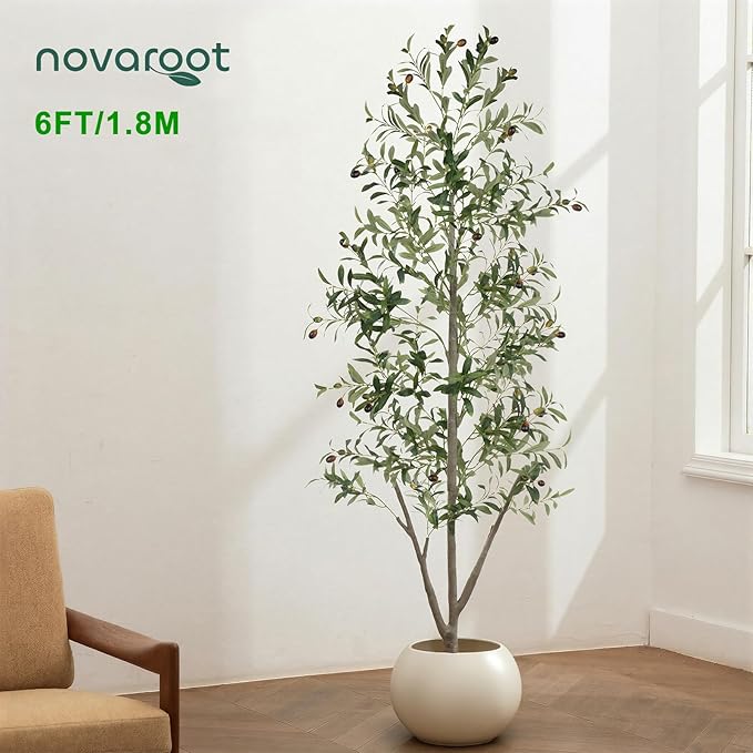 Olive Trees Artificial Indoor, 6FT Tall Faux Olive Tree with Moss and Planter, Artificial Plants Indoor with Natural Wood Trunk and Lifelike Fruits, Fake Tree for Home Office Living Room Decor