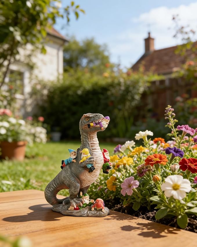 Dinosaur Garden Gnome Statue 12”, Yard Decorations Outdoor Garden Decor, Patio, Lawn Ornament, Gardening Gifts for Women for Housewarming