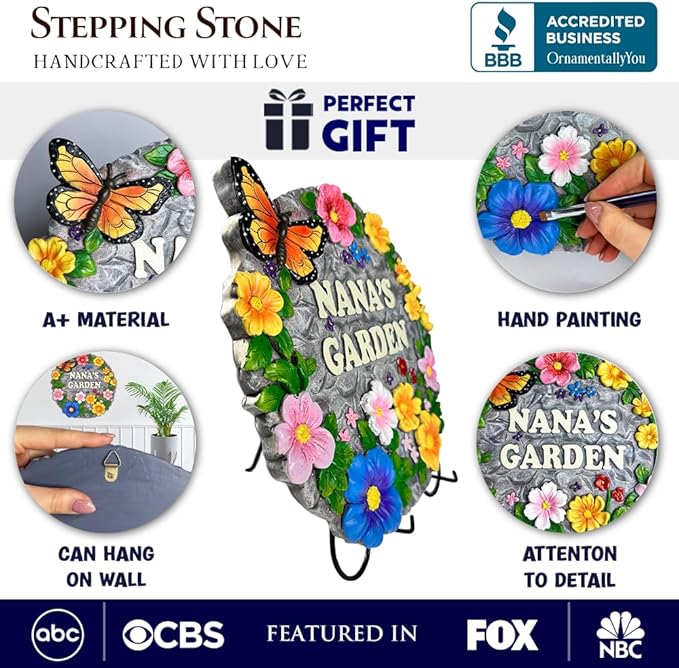 OrnamentallyYou Elegant Resin Stepping Stone, Outdoor Garden Pathway Decoration (Nana’s Garden Floral Stepping Stone, 9.5" Decorative and Gift for Grandmother)