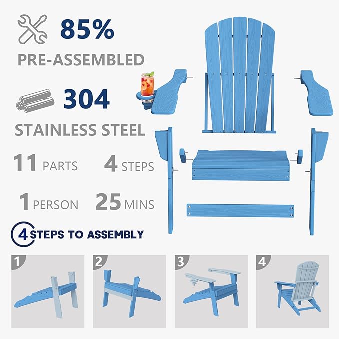 Plawdlik Folding Adirondack Chair Set of 6 with Cup Holder，Wooden Textured ，Heavy All-Weather HDPE Comfortable Set Poolside Backyard Lawn, Light Blue