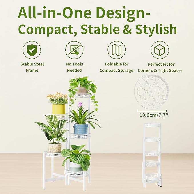 NQW Metal Plant Stand Indoor Outdoor, 5 Tier Tall Flower Pot Holder Potted Display Rack Shelf, Heavy Duty Corner Plant Shelf for Patio Garden Balcony Living Room Bedroom - WhiteWave