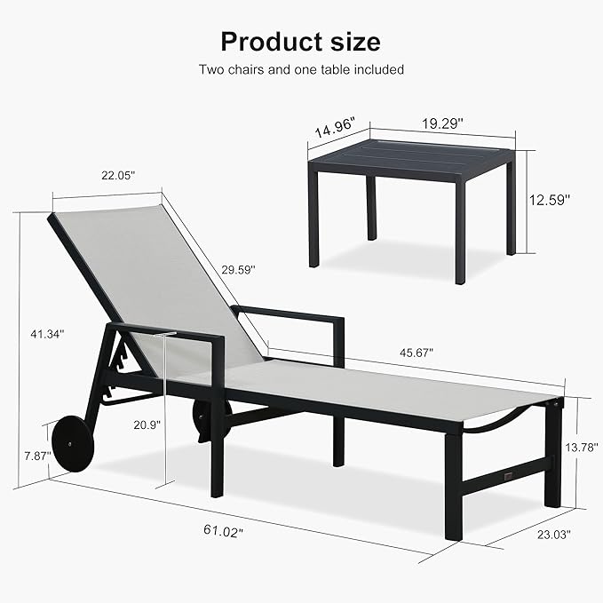 PURPLE LEAF Outdoor Chaise Lounge Set for 2 Aluminum Patio Chaise Lounger Chair with Armrest Adjustable Pool Chaise Lounge Chair for Beach Yard Poolside Table Included, Linen
