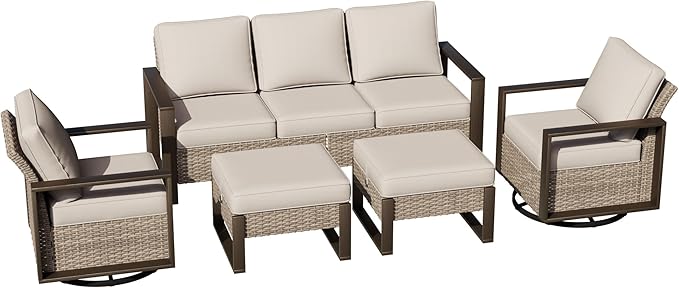 Outdoor Patio Swivel Rocker Chairs, 5 Pieces Wicker Furniture Set, 2 Swivel Rocking Chairs, 1 Sofa and 2 Ottoman, Metal Wide Armrest, Thick Cushions and Deep Seating for Garden, Backyard, Porch, Deck