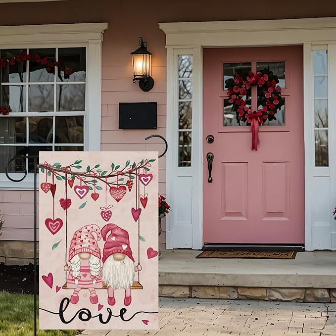 Valentine’s Day Romantic Swing Gnome Love Hearts Garden Flag Yard Flag 12x18 Inch Double Sided Small Mini Yard Outdoor Outside Holiday Decoration