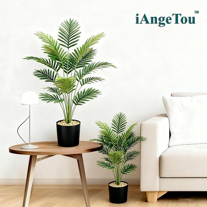 iAngeTou 2Pcs 28" Artificial Palm Trees in Pot - Faux Areca Plants for Indoor & Outdoor Decor, Perfect for Home, Office, Living Room, Kitchen, Balcony | Ideal Housewarming Gift