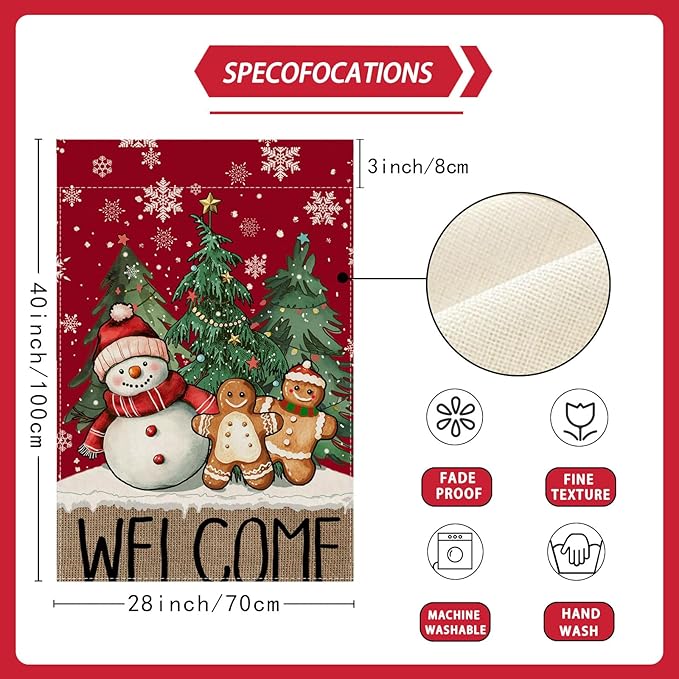 Welcome Winter Snowman Gingerbread Man Pine Trees Christmas House Flag large 28X40 Inch Big Vertical Double Sided Yard Outdoor Outside Holiday Decoration