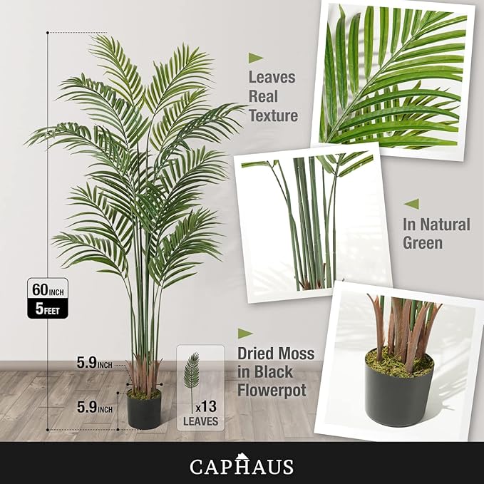 CAPHAUS 5FT Artificial Palm Tree Potted, Realistic Fake Palm Plant for Indoor & Outdoor, UV Resistant Low Maintenance Faux Tree for Home Office, Living Room, Covered Patio Decor