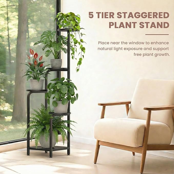 TOSKING 5 Tier Tall Plant Stand Indoor Outdoor, Heavy Duty Corner Shelf for Plants & Decor, Space Saving 3.9FT Metal Flower Pot Stand for Balcony, Garden, Living Room, Patio (Black, 47in)