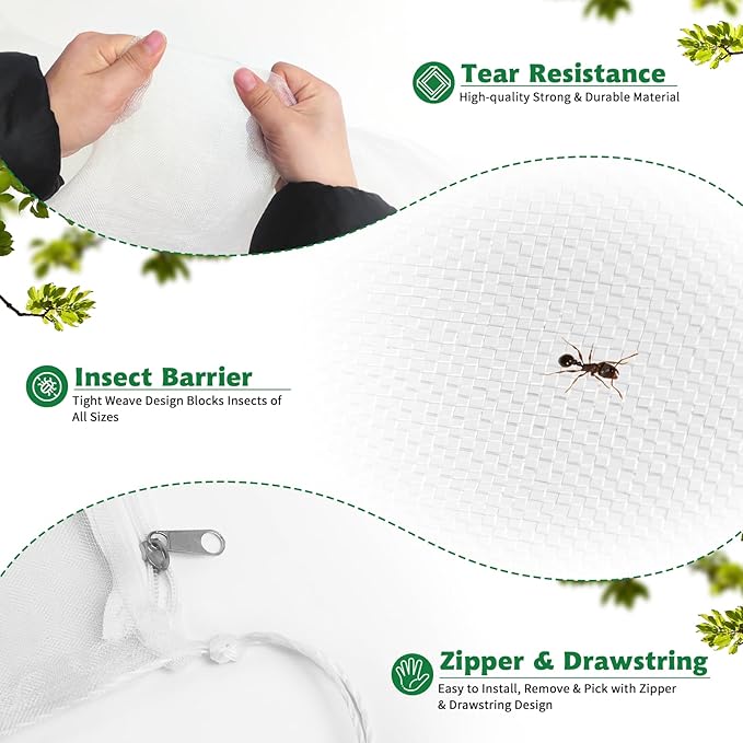 OZMI 4 Pack Fruit Tree Blueberry Bush Netting Cover, 2.3Ft x 3.4Ft Reusable Bird Netting for Garden Protection with Zipper & Drawstring, Shrubs Tomato Strawberry Plant Bushes Protector