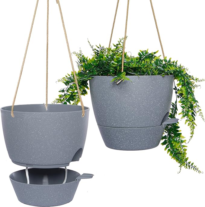 SwinDuck 10 Inch Self Watering Hanging Pots, 2 Pack Hanging Planters with 40oZ Deep Reservior for Indoor Outdoor Plants Flowers, Grey