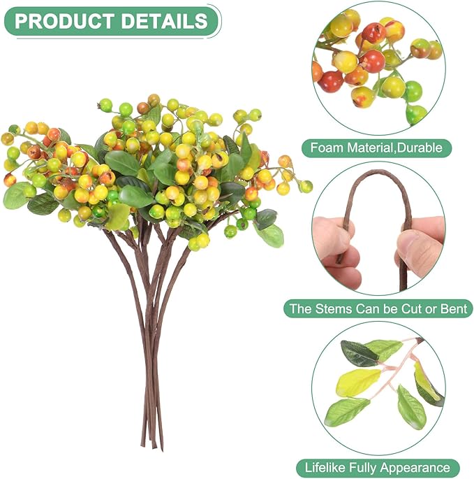 6-Pack Artificial Berry, 9.8 Inch Faux Holly Berry Foam Faux Frosted Berries with Stems for Home/Wedding/Christmas/DIY/Party/Garden/Office [Yellow]