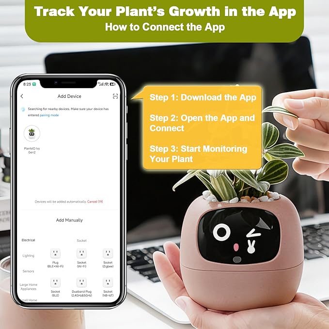 Plantsio AI Smart Pot for Plants with App Control, Self-Watering, Visual Display & 80ml Reservoir, Digital Plant Pot Supports 100+ Plants, Pomodoro Timer, Clock & Calendar,Desk & Office Planter-Pink
