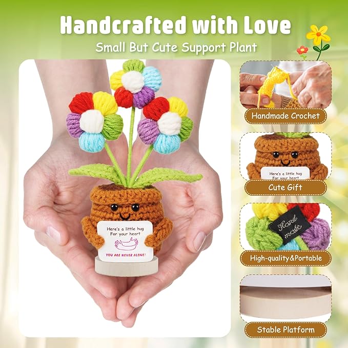 penzoos Hug Daisy – Handmade Crochet Support Flower, Colorful Knitted Plant with “Here’s a Hug” Card, Gift for Birthday, Graduation, Get Well, Holidays & Encouragement