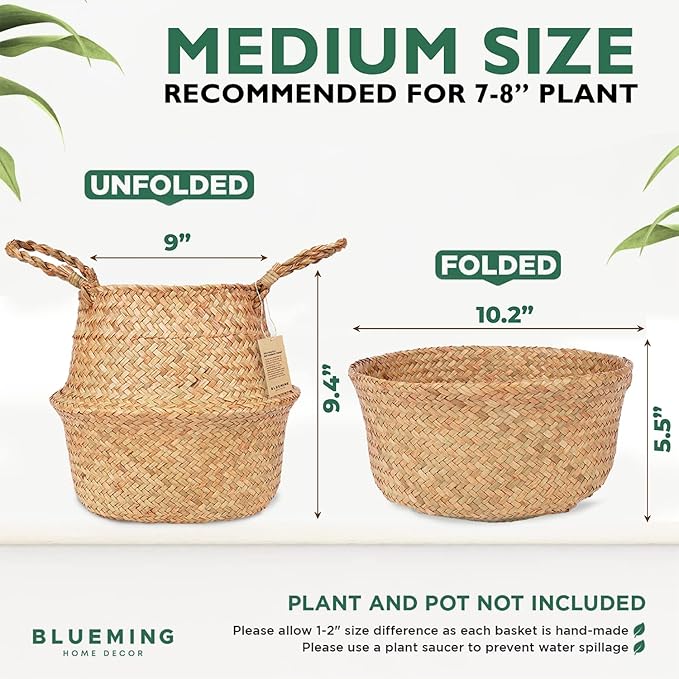 Olive Tree Basket – Wicker Seagrass Planter for Tall Indoor Faux Plants, Decorative Rattan Basket Cover for Houseplants, Snake Plant, Monstera, 7-8 Inch Pots (Original, Medium)