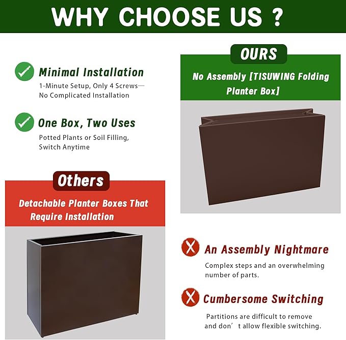TISUWING Metal Planter Box, No Installation Galvanized Steel Folding Rectangular Planter with Drainage Holes, 35.5"x 10"x 28" Brown Outdoor Planter for Porch/Patio/Garden
