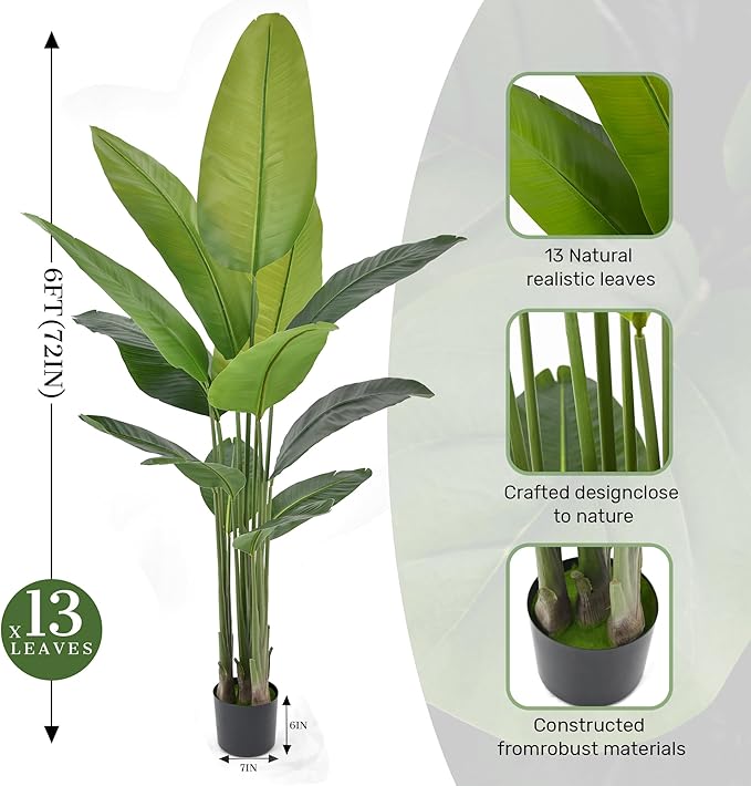 Artificial Bird of Paradise Plant 6Ft, Floor Silk Banana Leaf Plant with 13 Leaves, Faux Palm Tree with Plastic Pot for Indoor House Home Office Garden Modern Decoration
