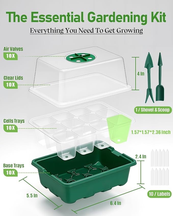 joyhalo 10 Packs Seed Starter Tray 120 Cells Total, Thicken Seed Starter Kit with Taller Humidity Dome, Greenhouse Germination Kit, Indoor Gardening Plant Trays for Seeds Growing