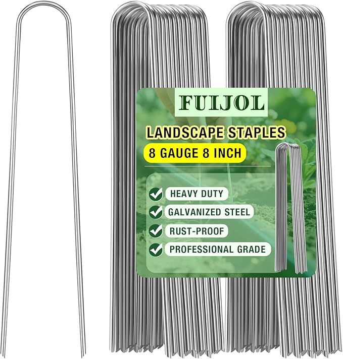 8 Gauge Landscape Staples, FUIJOL 8 Inch 15 25 50 100 Pack Heavy Duty U-Shaped Landscape Stakes, Galvanized Garden Staples for Weed Barrier Stakes, Ground Cover, Irrigation Tubing, Fence (15, 8 Inch)