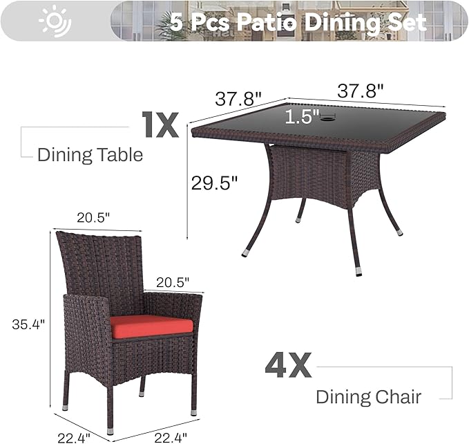 5 Piece Outdoor Dining Set,Rattan Patio Conversation Set of 4 Chairs,Patio Dining Table and Chairs w/Cushions,Square Glass Tabletop,Umbrella Cutout for Patio,Red