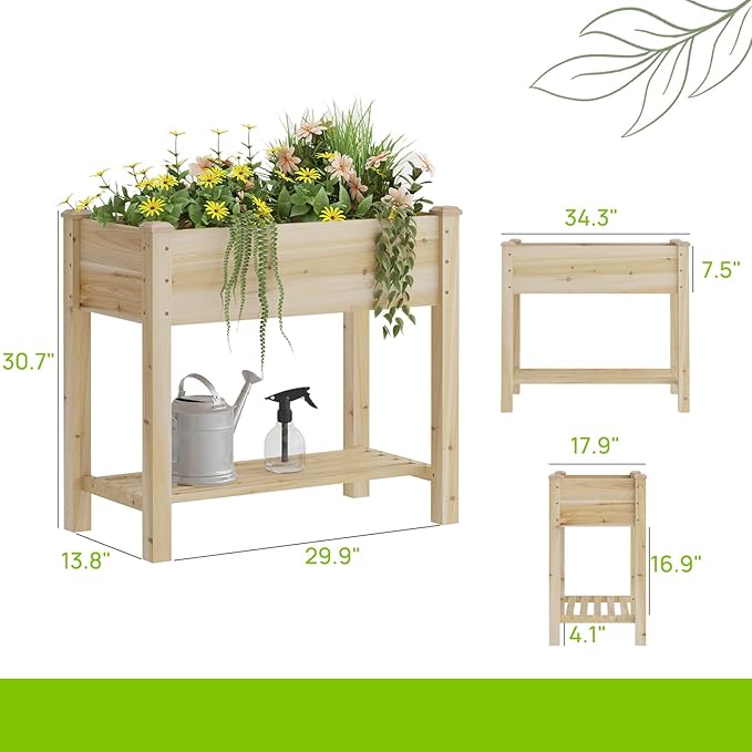 Raised Garden Bed, Planter Box with Storage Shelf, Elevated Wooden Planter Box with Legs, Garden Planter for Backyard, Patio, Balcony, Natural Wood (Natural, S)