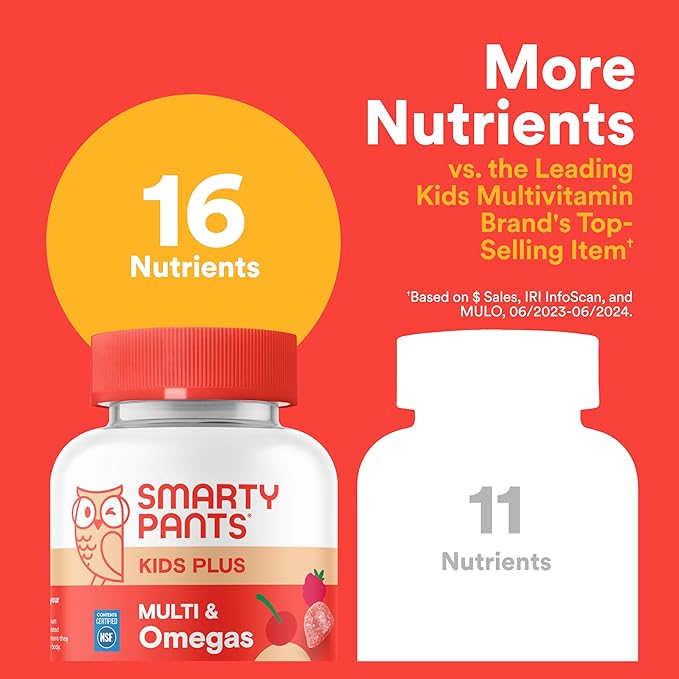 SmartyPants Kids Multivitamin Gummies - Improved Formula: Omega 3 (DHA/EPA), Vitamins D3, C, B12, B6, Vitamin A, K & Zinc, Gluten Free, Cherry Berry Punch Flavors, 60 Count (30 Day Supply)