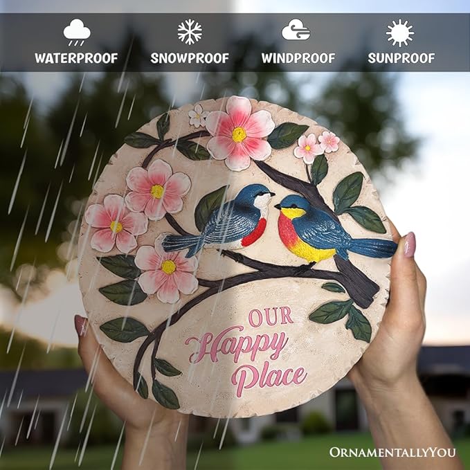 OrnamentallyYou Elegant Resin Stepping Stone, Outdoor Garden Pathway Decoration (Blossoming Songbirds Positivity Stepping Stone, 9.5" Happiness Garden Decoration and Support Gift)
