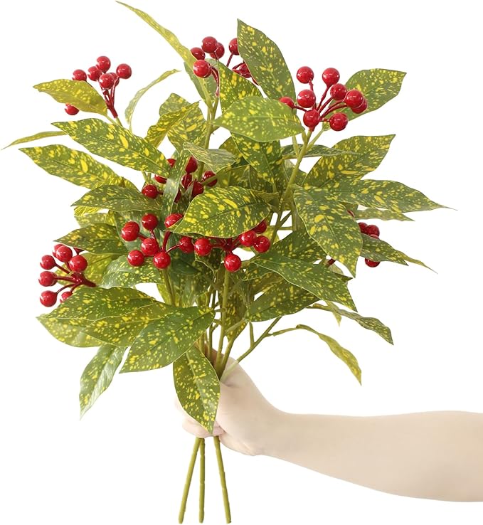 3 Pcs Artificial Greenery Plants, 18" Faux Christmas Red Berry Plants Stems for Vase Fake Leaves Branches Indoor for Table Fireplace Cabinet Livingroom Kitchen Festivals Home Decor (Yellow Green)
