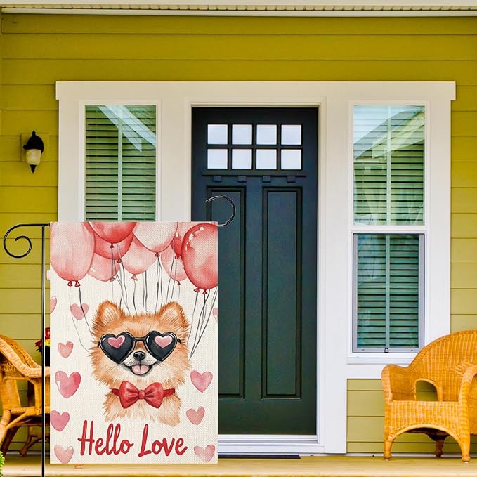 Valentine's Day Pomeranian Hello Love Garden Flag, House Yard Plaid Love Heart Outside Decoration, Spring Holiday Wedding Anniversary Outdoor Small Decor 12x18(12633)
