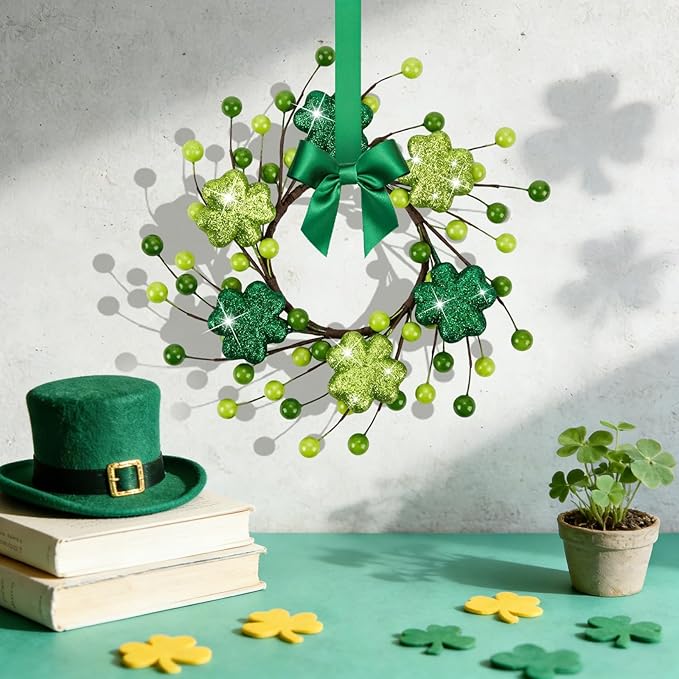 6 PCS Mini St. Patrick's Day Glitter Shamrocks Kitchen Cabinet Wreaths Small St. Patrick's Day Wreath for Front Door with Ribbon Spring Lucky Green Irish Clover Berry Wreath for Porch Wall Window