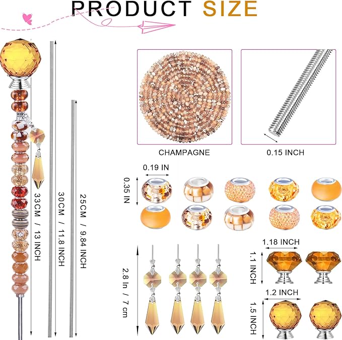 121 Pcs DIY Fairy Wand Beaded Garden Stakes Kit, Fairy Wands Garden Kit Champagne Large Hole Bead with Pendants Crystal Stopper Top Threaded Rod Beaded Garden Stakes Supplies For Outdoor Decorative